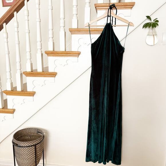 Reformation Nyla Velvet Halter Slit Dress Emerald Green Sleeveless Size L Large - Picture 2 of 9